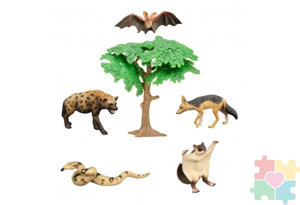 Набор фигурок животных серии "Мир диких животных": белка-летяга, шакал, летучая мышь, змея, гиена (набор из 6 предметов)