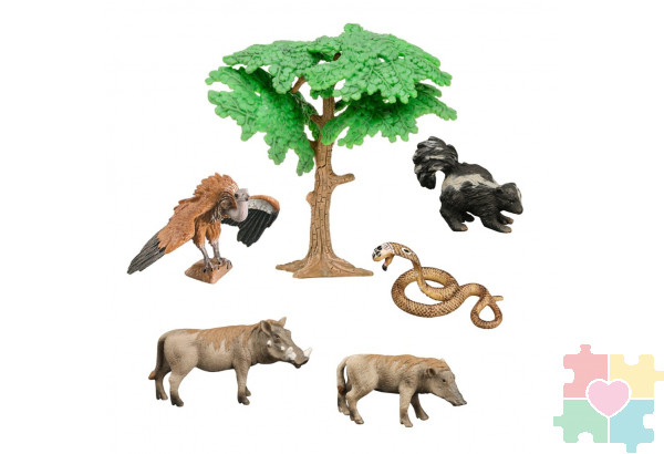 Набор фигурок животных серии "Мир диких животных": скунс, 2 бородавочника, змея, стервятник (набор из 6 фигурок)