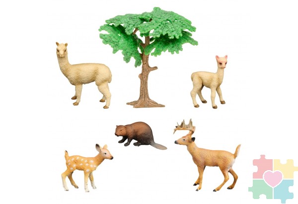 Набор фигурок животных серии "Мир диких животных": бобер, лама с детенышем, олень с олененком (набор из 6 предметов)
