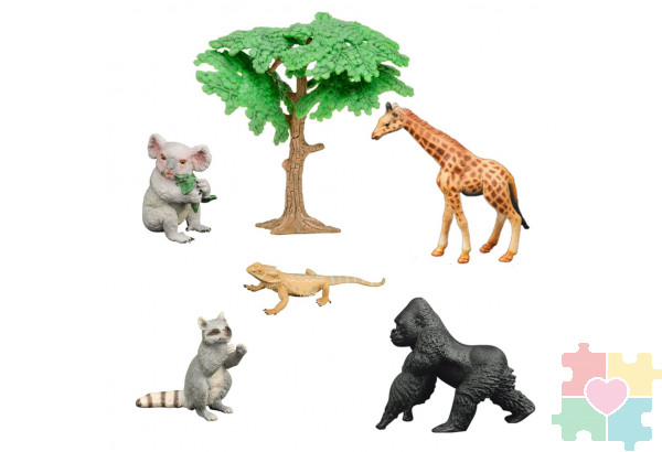 Набор фигурок животных серии "Мир диких животных": горилла, енот, варан, коала, жираф (набор из 6 предметов)