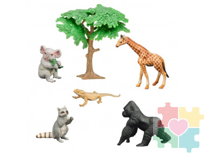 Набор фигурок животных серии "Мир диких животных": горилла, енот, варан, коала, жираф (набор из 6 предметов)