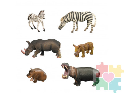 Набор фигурок животных серии "Мир диких животных": 2 зебры, 2 бегемота, 2 носорога (набор из 6 фигурок)