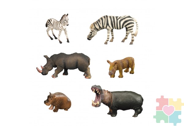 Набор фигурок животных серии "Мир диких животных": 2 зебры, 2 бегемота, 2 носорога (набор из 6 фигурок)