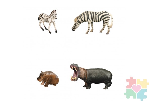 Набор фигурок животных серии "Мир диких животных": Семья бегемотов и семья зебр (набор из 5 предметов)