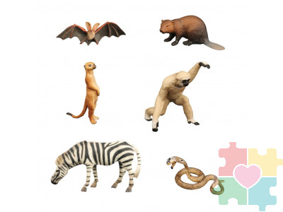 Набор фигурок животных серии "Мир диких животных": зебра, летучая мышь, змея, сурикат, бобер, обезьяна (набор из 6 фигурок)