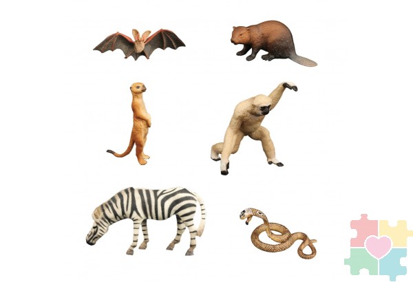 Набор фигурок животных серии "Мир диких животных": зебра, летучая мышь, змея, сурикат, бобер, обезьяна (набор из 6 фигурок)