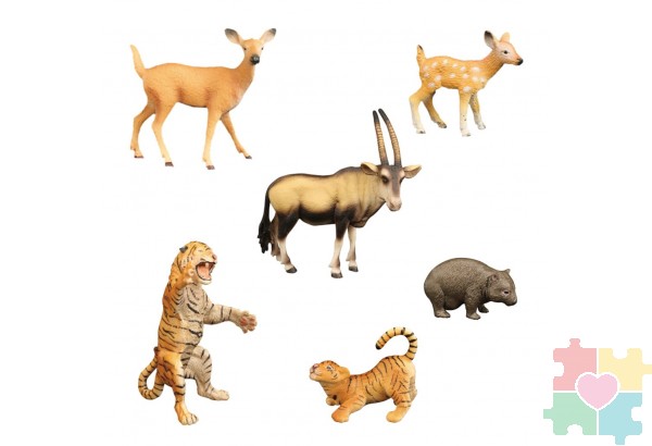 Набор фигурок животных серии "Мир диких животных": антилопа, вомбат, олениха с олененком, тигр с тигренком (набор из 6 фигурок)