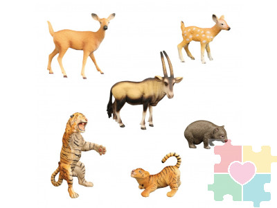 Набор фигурок животных серии "Мир диких животных": антилопа, вомбат, олениха с олененком, тигр с тигренком (набор из 6 фигурок)