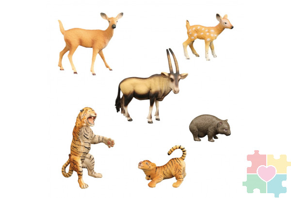 Набор фигурок животных серии "Мир диких животных": антилопа, вомбат, олениха с олененком, тигр с тигренком (набор из 6 фигурок)