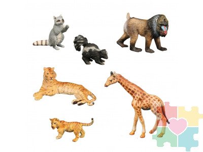 Набор фигурок животных серии "Мир диких животных": обезьяна, жираф, скунс, енот, тигрица с тигренком (набор из 6 фигурок)