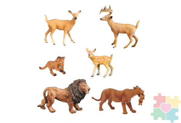 Набор фигурок животных серии "Мир диких животных": Семья львов и семья оленей (набор из 6 предметов)