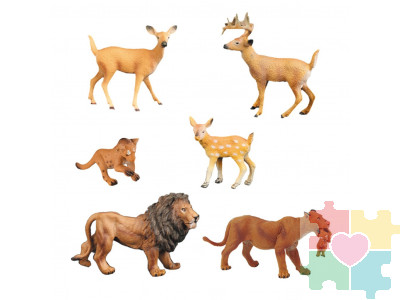 Набор фигурок животных серии "Мир диких животных": Семья львов и семья оленей (набор из 6 предметов)