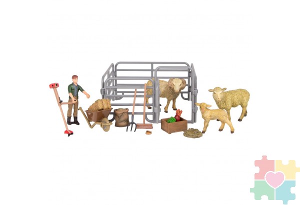 Набор фигурок животных cерии "На ферме": Ферма игрушка, овцы, фермер, инвентарь - 17 предметов