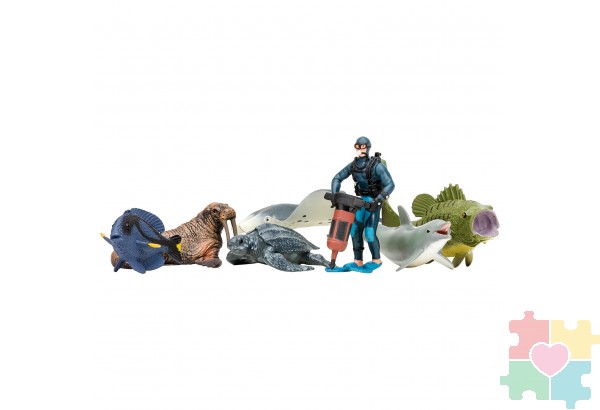 Фигурки игрушки серии "Мир морских животных": Манта, морж, кожистая черепаха, рыбка-хирург, дельфин, окунь, дайвер (набор из 6 фигурок животных и 1 человека)