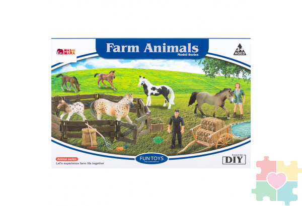 Набор фигурок животных серии "Мир лошадей": Конюшня игрушка, лошади, фермер, инвентарь - 16 предметов