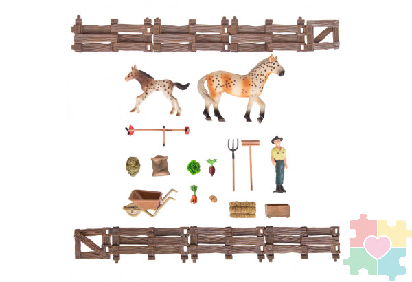 Набор фигурок животных серии "Мир лошадей": Конюшня игрушка, лошади, фермер, инвентарь - 16 предметов