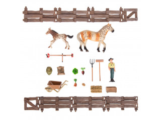 Набор фигурок животных серии "Мир лошадей": Конюшня игрушка, лошади, фермер, инвентарь - 16 предметов