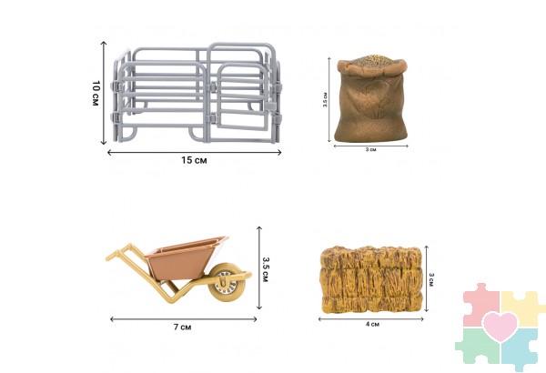 Игрушки фигурки в наборе серии "На ферме", 8 предметов: 3лошадки, фермер, ограждение-загон, инвентарь