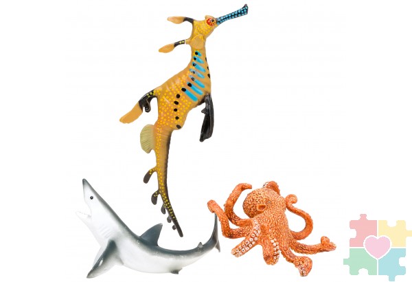 Фигурки игрушки серии "Мир морских животных": Акула, касатка, осьминог, рыба-клоун, морской леопард, морской дракон (набор из 6 фигурок животных)
