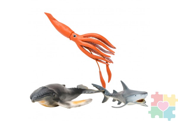 Фигурки игрушки серии "Мир морских животных": Акула, кит, мавританский идол, морской лев, кальмар, дайвер (набор из 5 фигурок животных и 1 человека)