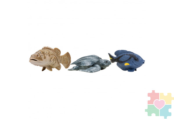 Фигурки игрушки серии "Мир морских животных": Акула, рыба-хирург, кожистая черепаха, акула, рыба групер, дайвер (набор из 5 фигурок животных и 1 человека)