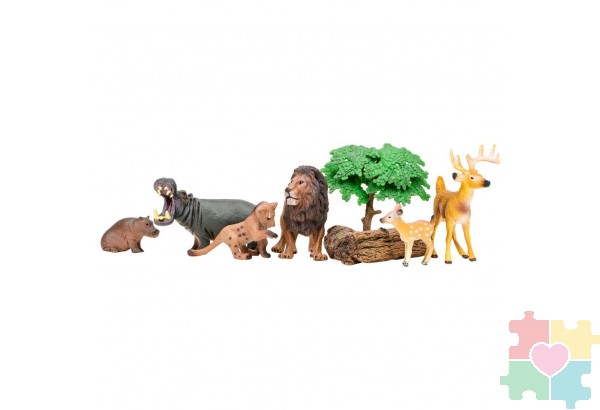 Набор фигурок животных серии "Мир диких животных": Лев с львенком, бегемот с бегемотиком, олень с олененком (набор из 6 фигурок животных и 3аксессуаров)