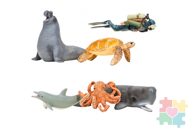 Фигурки игрушки серии "Мир морских животных": Кашалот, морская черепаха, дельфин, осьминог, морской слон, дайвер (набор из 5 фигурок животных и 1 человека)