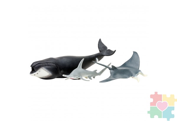 Фигурки игрушки серии "Мир морских животных": Кит, рыбка-молот, манта, морской леопард, дайвер (набор из 5 фигурок животных и 1 человека)