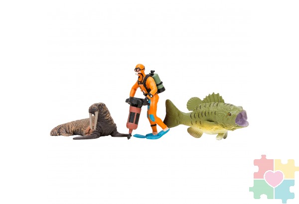 Фигурки игрушки серии "Мир морских животных": Китовая акула, акула, морж, кальмар, окунь, дайвер (набор из 5 фигурок животных и 1 человека)