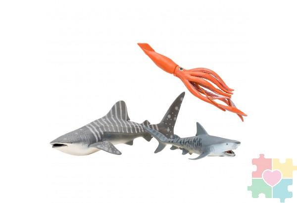 Фигурки игрушки серии "Мир морских животных": Китовая акула, акула, морж, кальмар, окунь, дайвер (набор из 5 фигурок животных и 1 человека)
