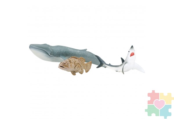 Фигурки игрушки серии "Мир морских животных": Серый кит, ламантин, акула, кожистая черепаха, рыба групер, дайвер (набор из 5 фигурок животных и 1 человека)
