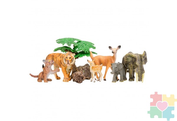 Набор фигурок животных серии "Мир диких животных": Тигр с тигренком, слон со слоненком, олень с олененком (набор из 6 фигурок животных и 3аксессуаров)