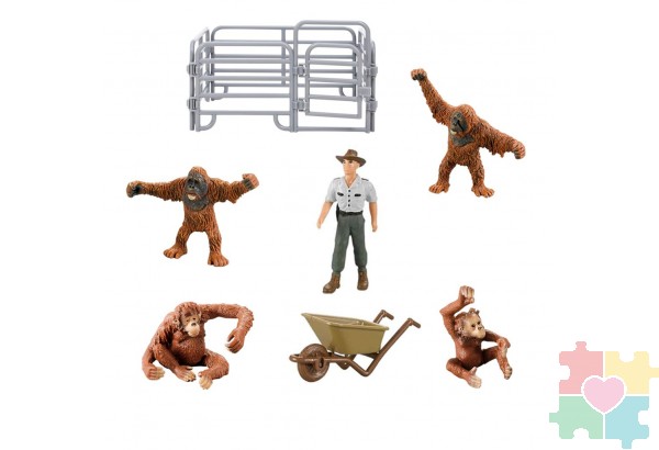 Игрушки фигурки в наборе серии "На ферме", 7 предметов (рейнджер, тележка, семья орангутанов, ограждение-загон)