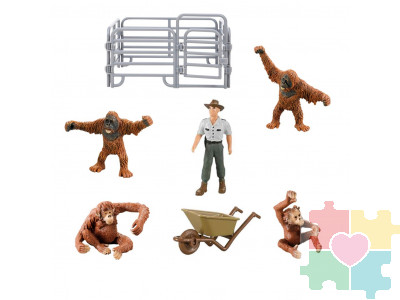 Игрушки фигурки в наборе серии "На ферме", 7 предметов (рейнджер, тележка, семья орангутанов, ограждение-загон)