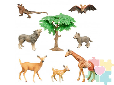 Набор фигурок животных серии "Мир диких животных": 2 волка, жираф, 2 оленя, летучая мышь, ящерица (набор из 8 предметов)