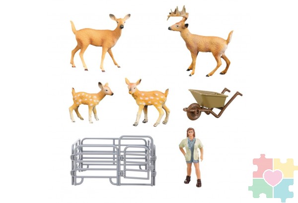 Игрушки фигурки в наборе серии "На ферме", 7 предметов (зоолог, тележка, семья оленей ограждение-загон)