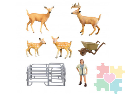 Игрушки фигурки в наборе серии "На ферме", 7 предметов (зоолог, тележка, семья оленей ограждение-загон)