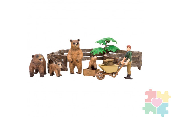 Игрушки фигурки в наборе серии "На ферме", 10 предметов (фермер, семья медведей, дерево, ограждение-загон, инвентарь)