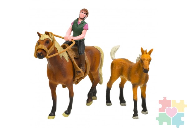 Набор фигурок животных серии "Мир лошадей": Конюшня игрушка, лошадь с жеребенком, наездница, инвентарь - 18 предметов