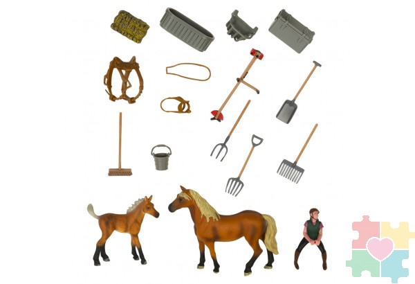Набор фигурок животных серии "Мир лошадей": Конюшня игрушка, лошадь с жеребенком, наездница, инвентарь - 18 предметов