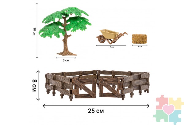 Игрушки фигурки в наборе серии "На ферме", 8 предметов (фермер, 2 жирафа, крокодил, дерево, ограждение-загон, инвентарь)