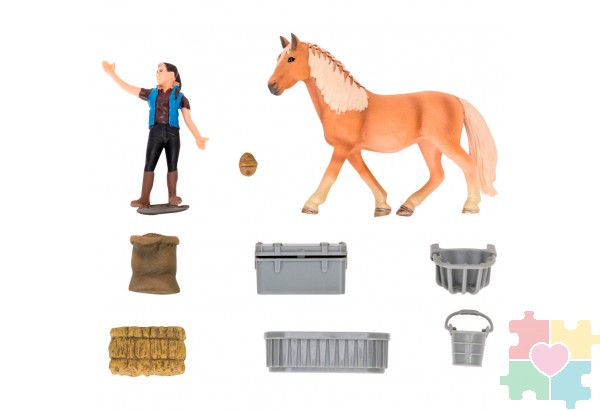 Набор фигурок животных серии "Мир лошадей": Конюшня игрушка, Авелинская лошадь, фермер, инвентарь - 10 предметов