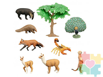 Набор фигурок животных серии "Мир диких животных": павлин, броненосец, тапир, сурикат, лиса, скорпион, 2 ламы, дерево (набор из 9 предметов)