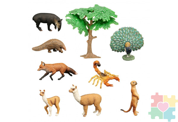 Набор фигурок животных серии "Мир диких животных": павлин, броненосец, тапир, сурикат, лиса, скорпион, 2 ламы, дерево (набор из 9 предметов)