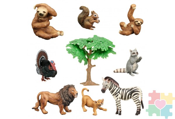 Набор фигурок животных серии "Мир диких животных": индюк, белка, 2 льва, енот, зебра, 2 ленивца (набор из 9 предметов)