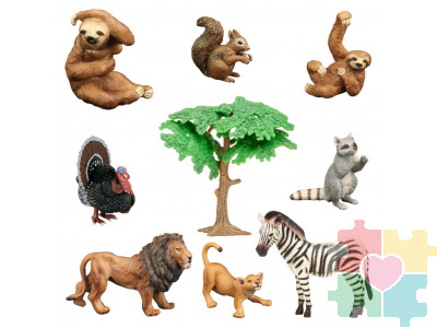 Набор фигурок животных серии "Мир диких животных": индюк, белка, 2 льва, енот, зебра, 2 ленивца (набор из 9 предметов)
