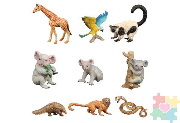 Набор фигурок животных серии "Мир диких животных": 3коалы, змея, броненосец, жираф, 2 объезьяны,попугай (набор из 9 фигурок)