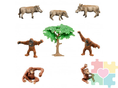 Набор фигурок животных серии "Мир диких животных": Семья орангутанов и семья бородавочников (набор из 9 предметов)