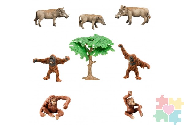 Набор фигурок животных серии "Мир диких животных": Семья орангутанов и семья бородавочников (набор из 9 предметов)