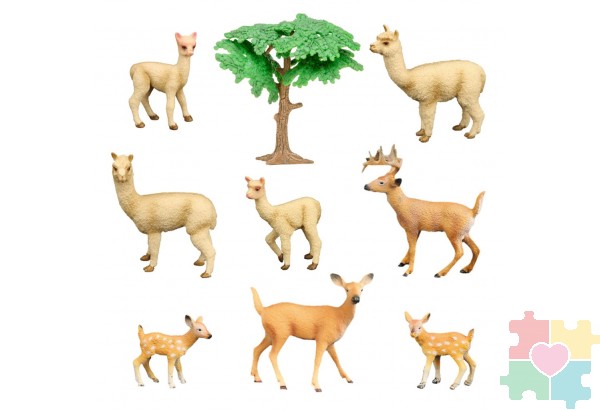 Набор фигурок животных серии "Мир диких животных": Семья альпак и семья оленей (набор из 9 предметов)
